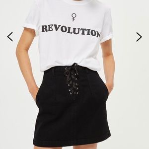 Topshop Black Lace Up A-Line Denim Mini Skirt